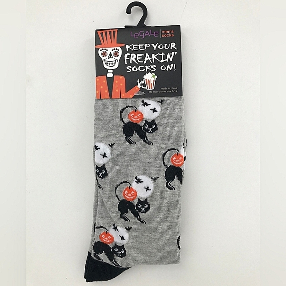 LeGale Halloween Black Cat Pumpkin Crew Socks Men's 8-12 Fall Gray Moon Bats NWT